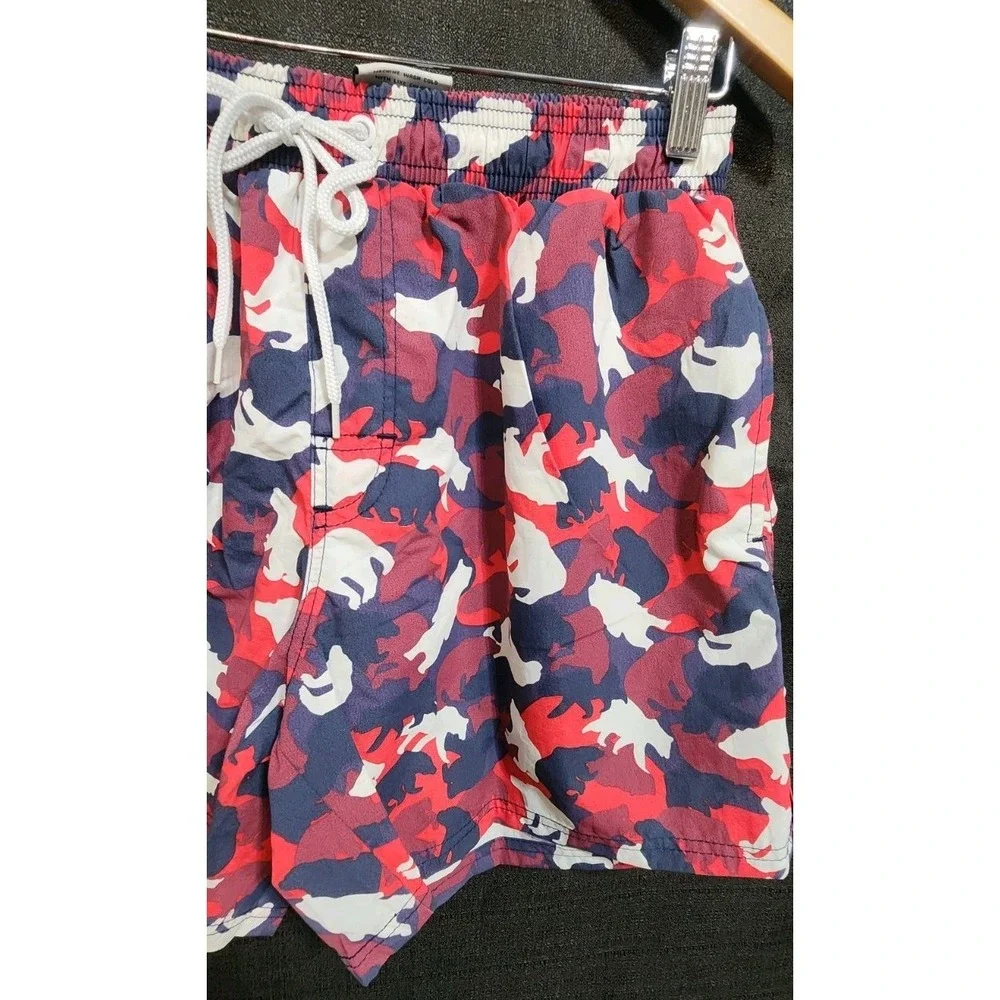 Bear Bottom Swim Trunks Mens Large Red Blue White Bear Print‎ Mesh Lined Stretch